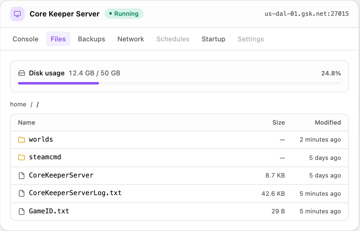 Core Keeper game panel — full file manager