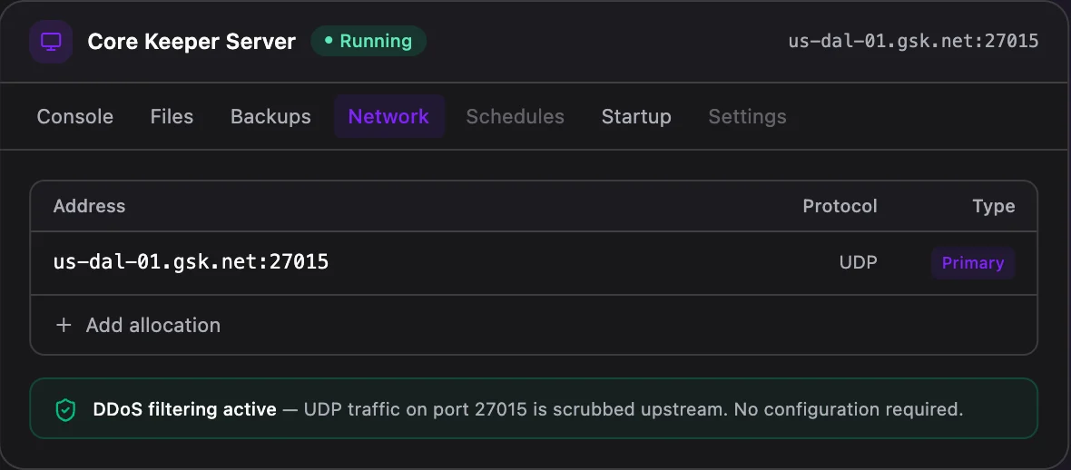 Core Keeper game panel — network & allocations
