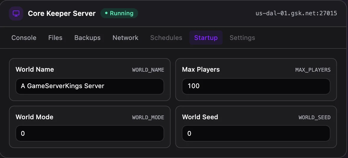 Core Keeper game panel — startup configuration