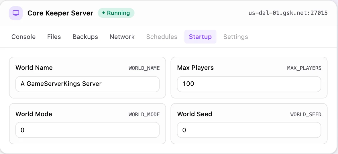 Core Keeper game panel — startup configuration