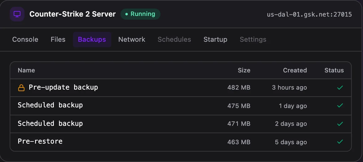 Counter-Strike 2 game panel — one-click backups