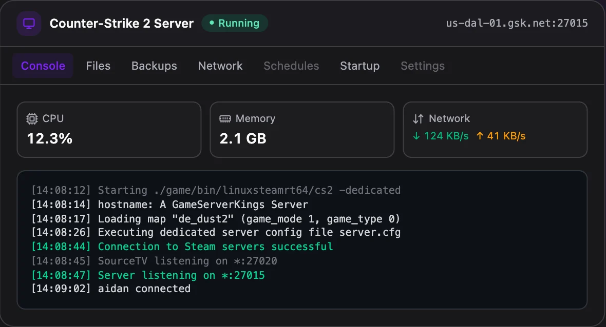 Counter-Strike 2 game panel — live server console