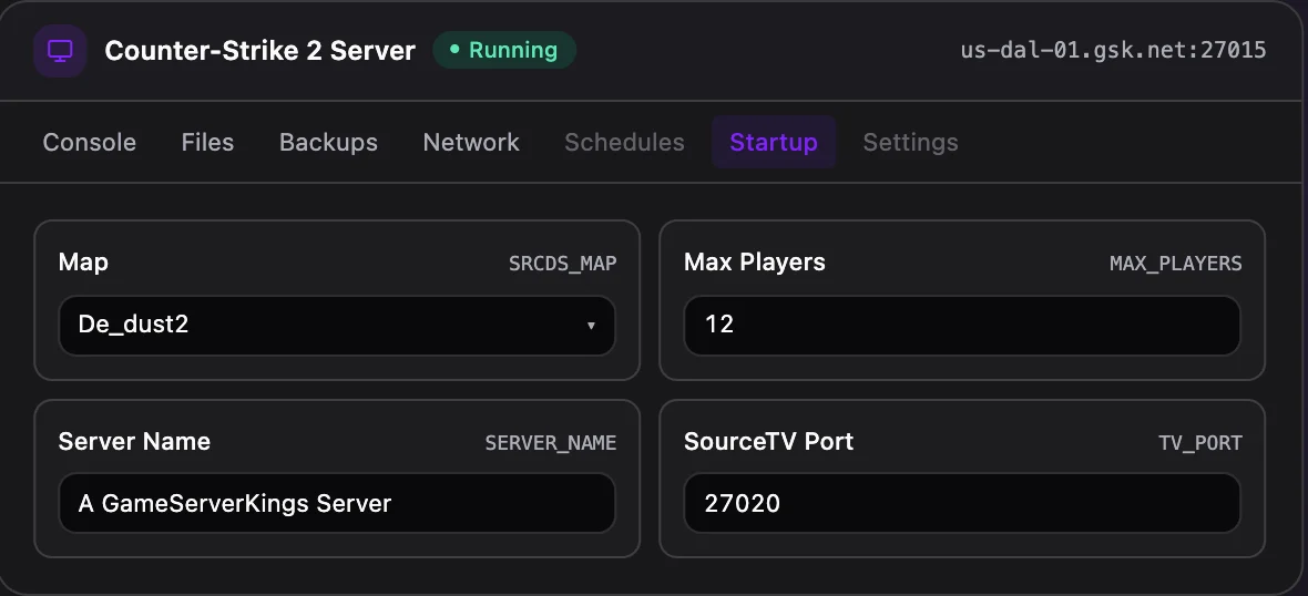 Counter-Strike 2 game panel — startup configuration