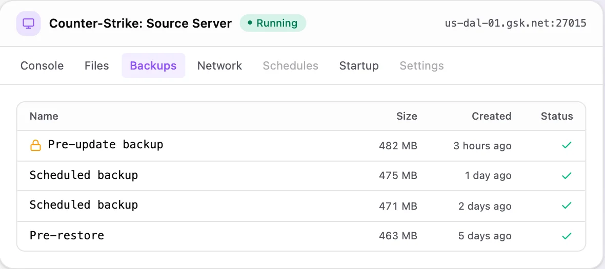 Counter-Strike: Source game panel — one-click backups