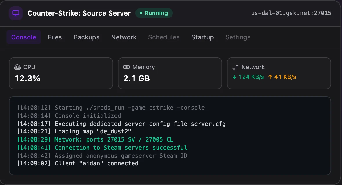 Counter-Strike: Source game panel — live server console