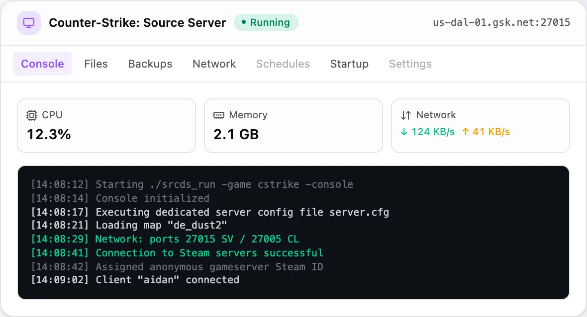Counter-Strike: Source game panel — live server console