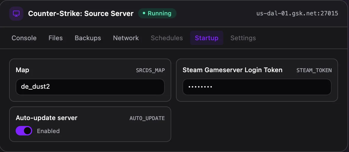 Counter-Strike: Source game panel — startup configuration
