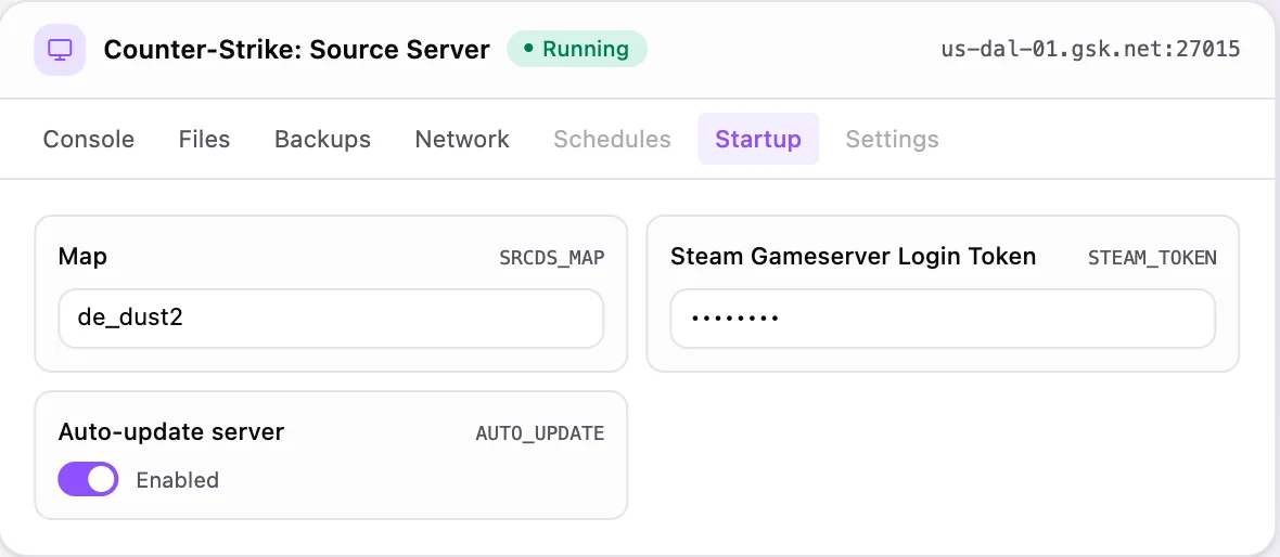 Counter-Strike: Source game panel — startup configuration