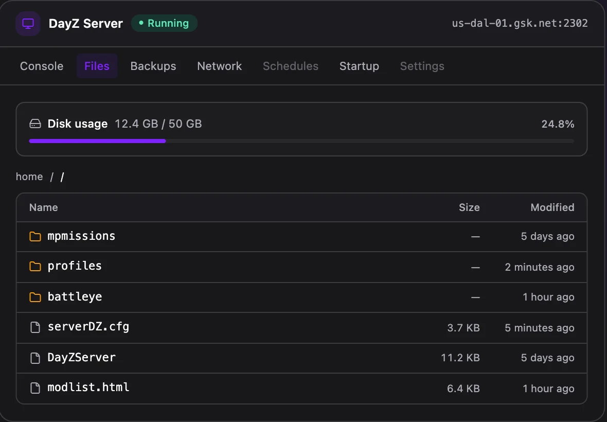 DayZ game panel — full file manager