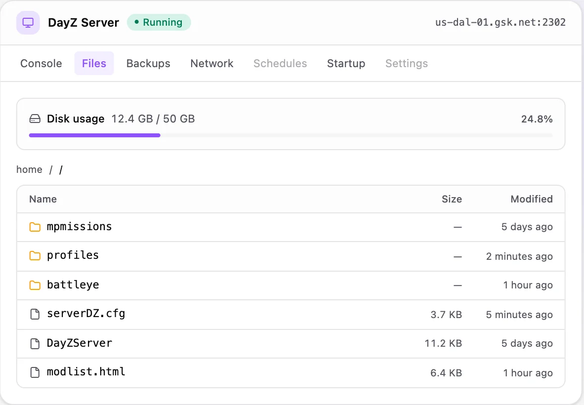 DayZ game panel — full file manager