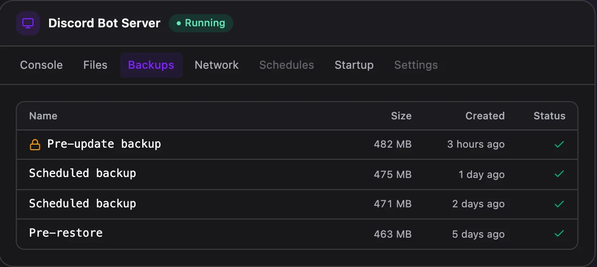 Discord Bot game panel — one-click backups