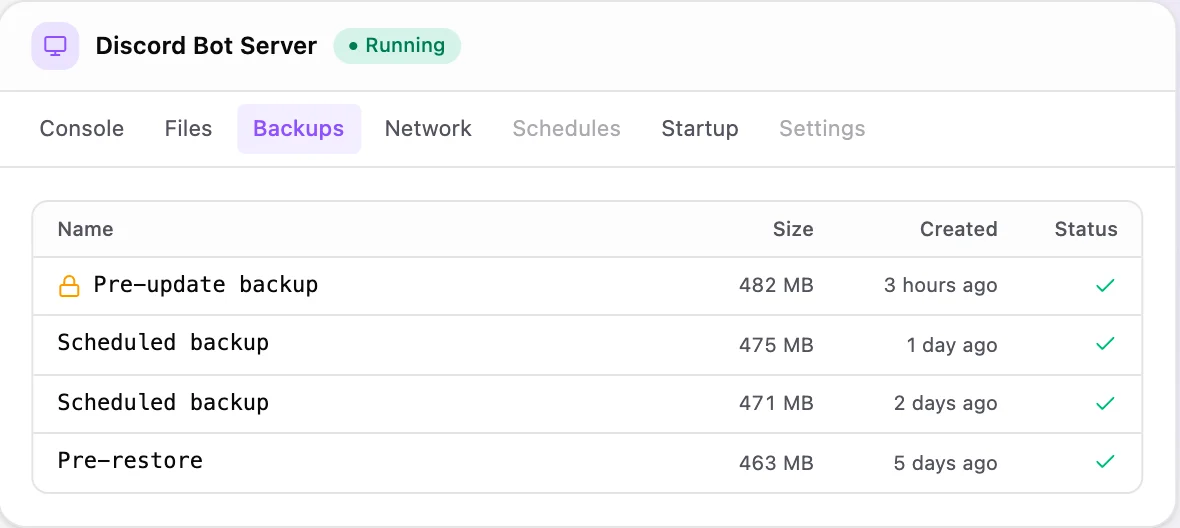 Discord Bot game panel — one-click backups