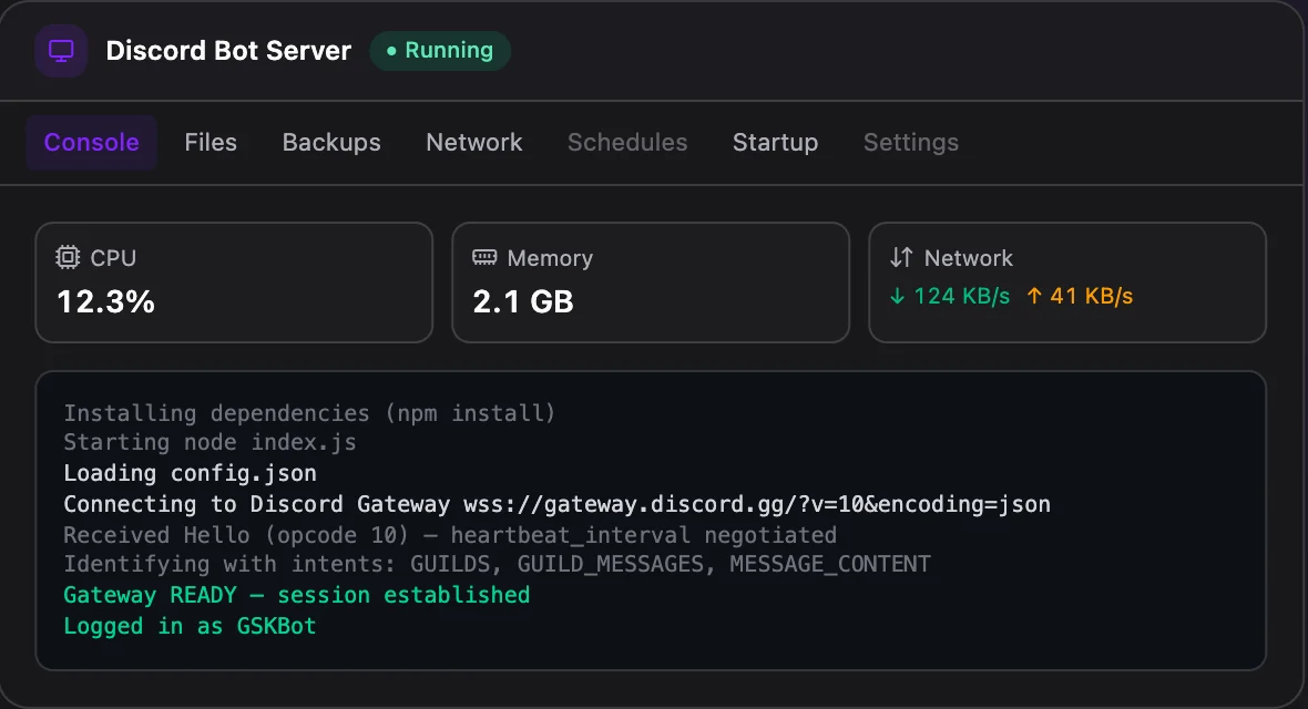Discord Bot game panel — live server console