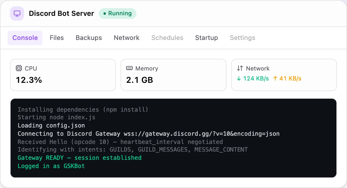 Discord Bot game panel — live server console