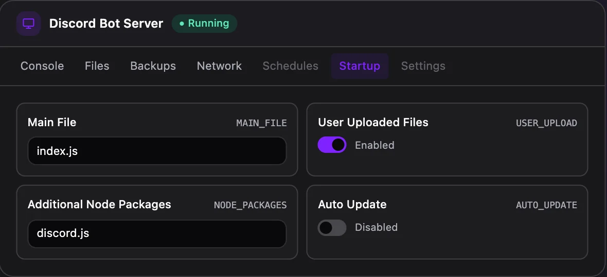 Discord Bot game panel — startup configuration