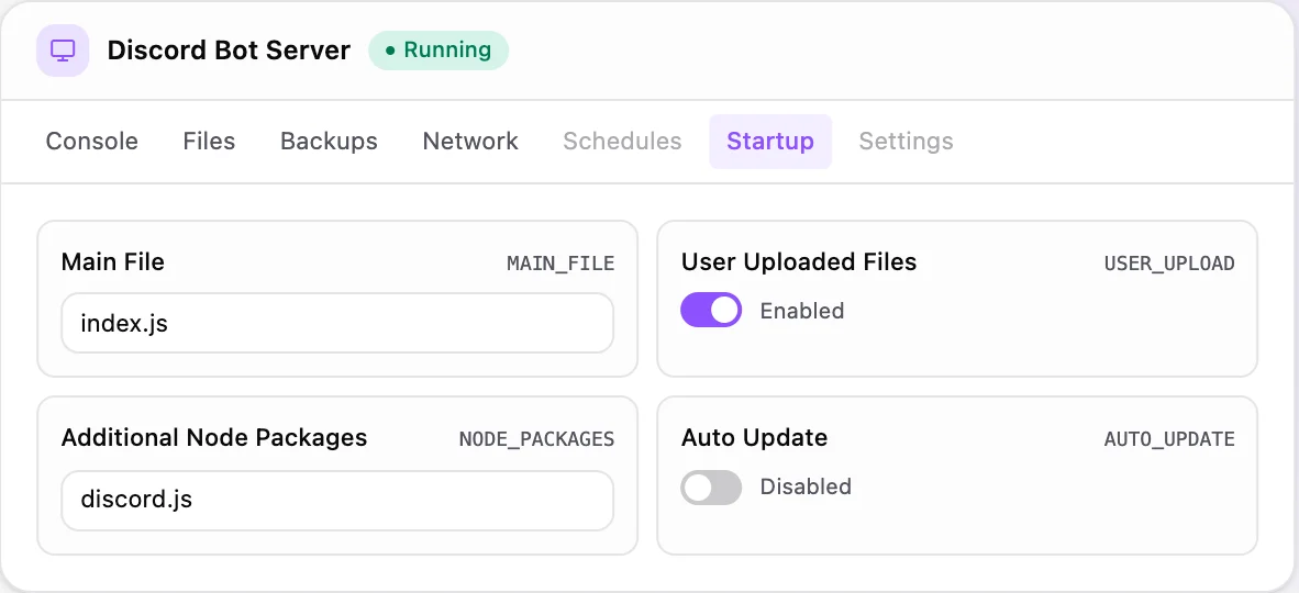 Discord Bot game panel — startup configuration