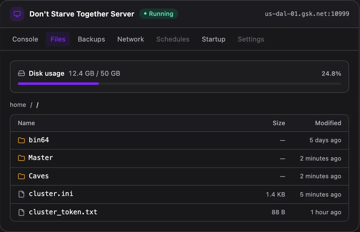 Don't Starve Together game panel — full file manager