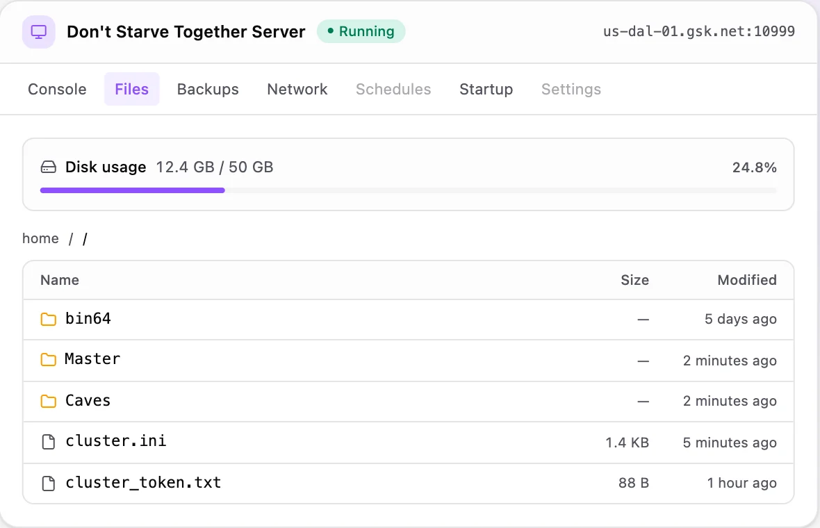 Don't Starve Together game panel — full file manager
