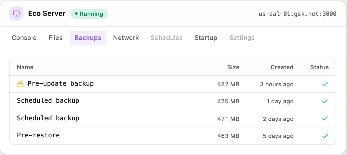 Eco game panel — one-click backups