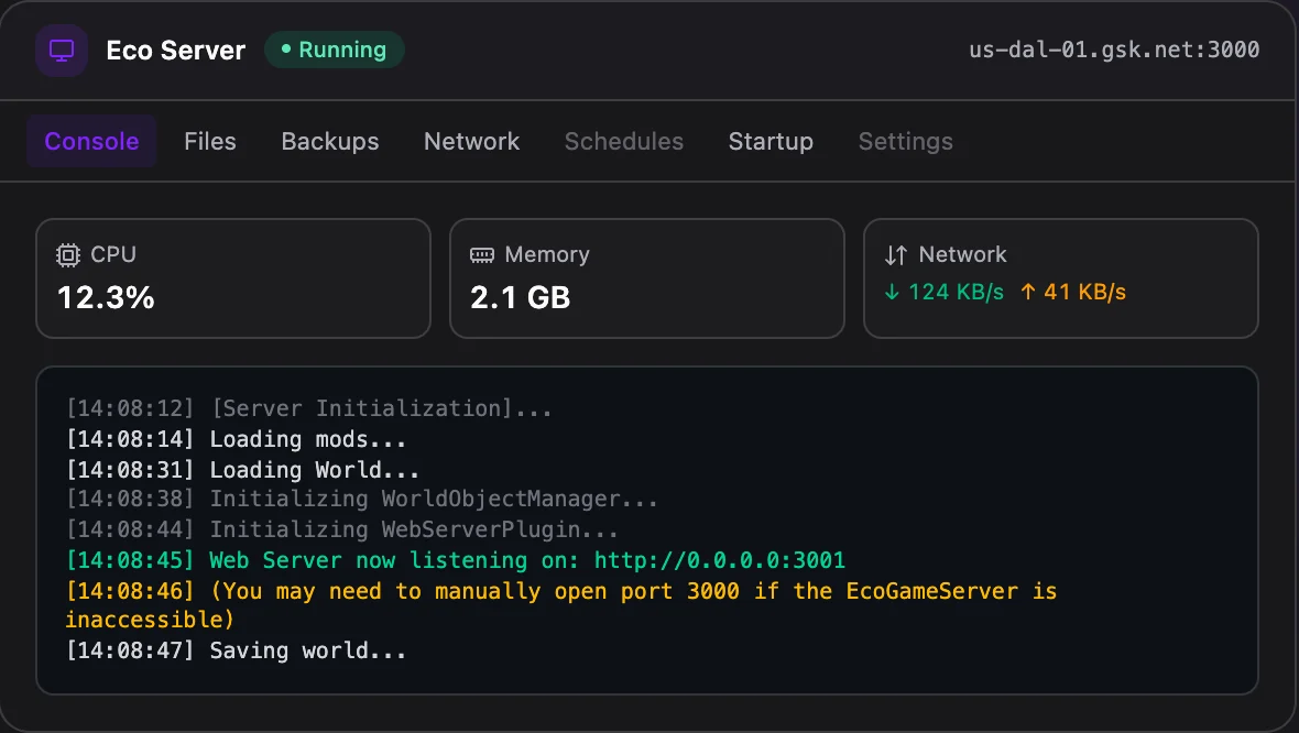 Eco game panel — live server console