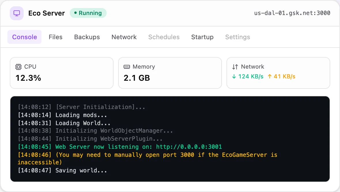 Eco game panel — live server console