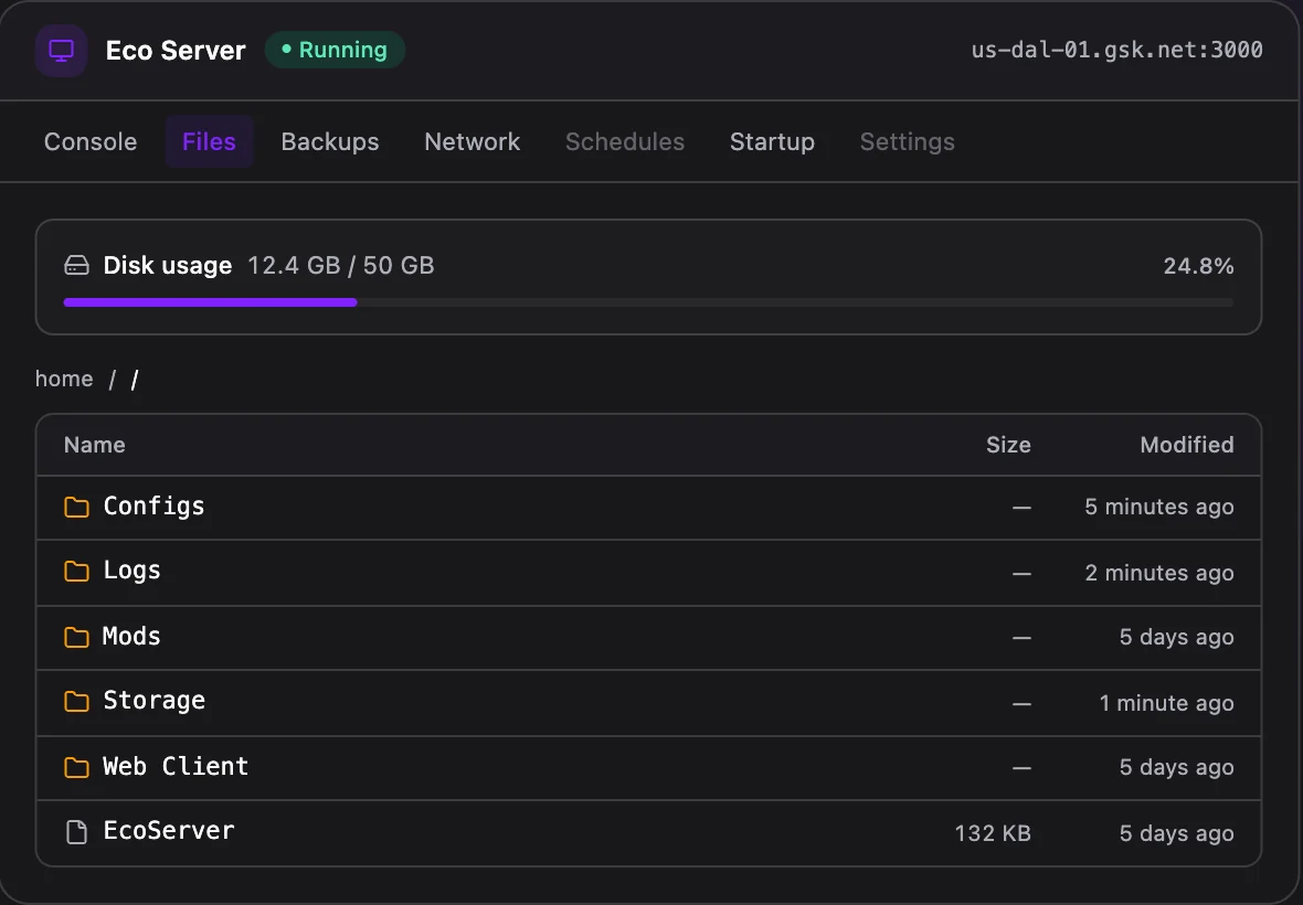 Eco game panel — full file manager