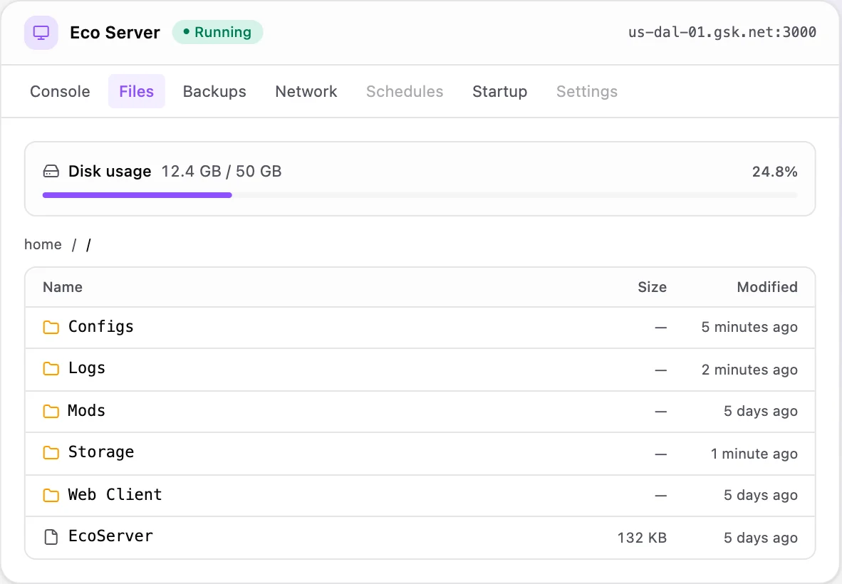 Eco game panel — full file manager