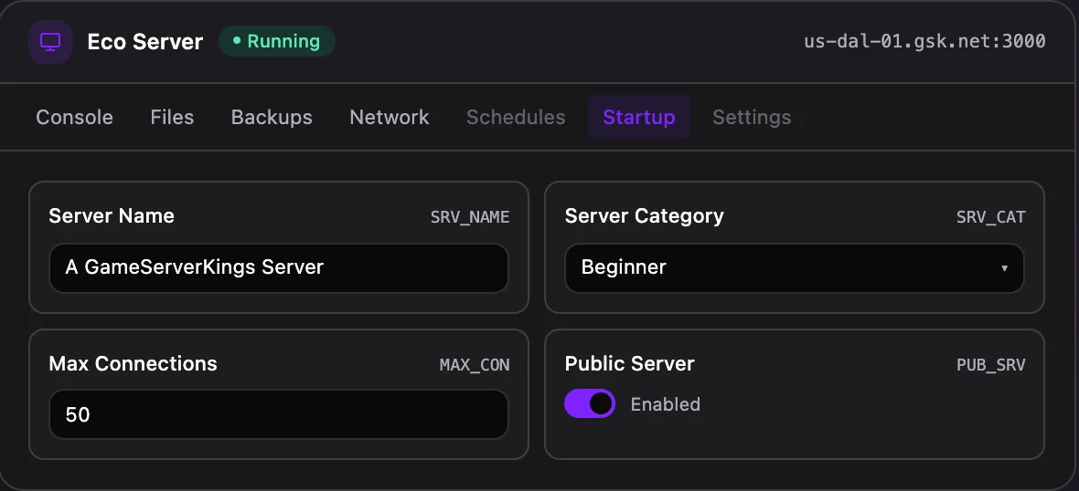 Eco game panel — startup configuration