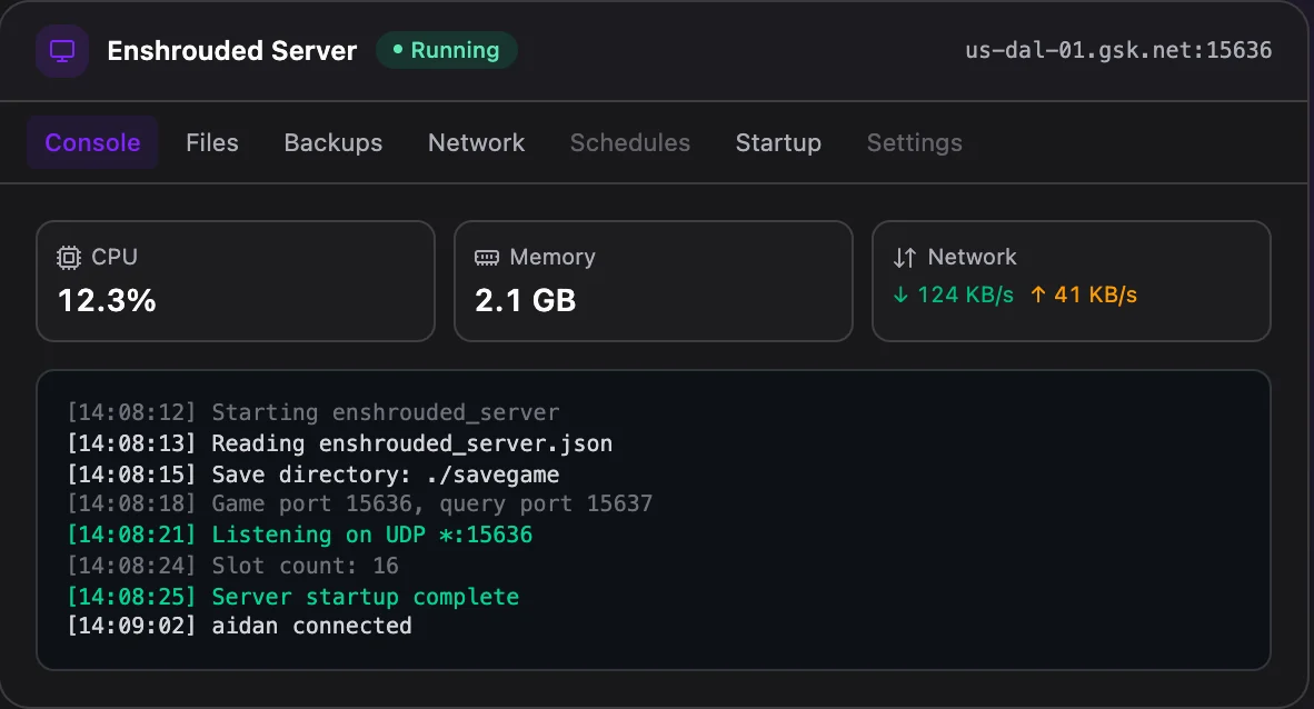 Enshrouded game panel — live server console