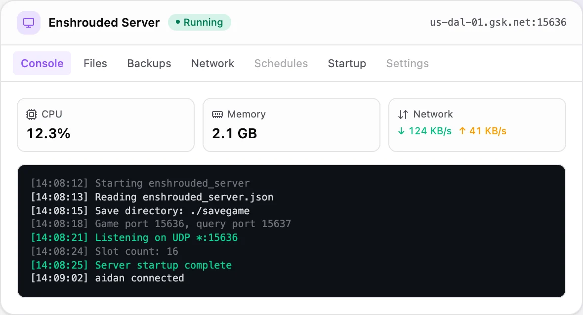 Enshrouded game panel — live server console