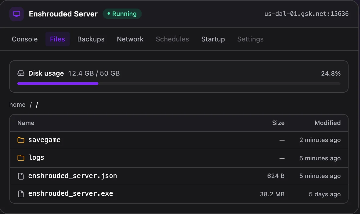 Enshrouded game panel — full file manager