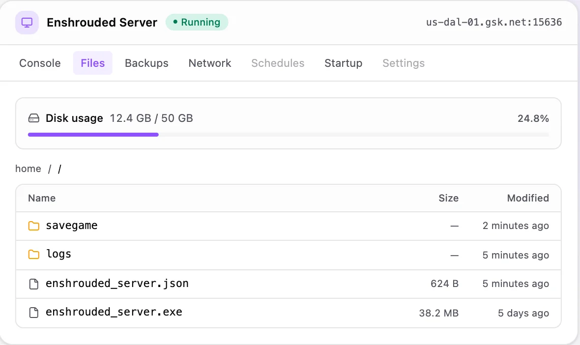 Enshrouded game panel — full file manager