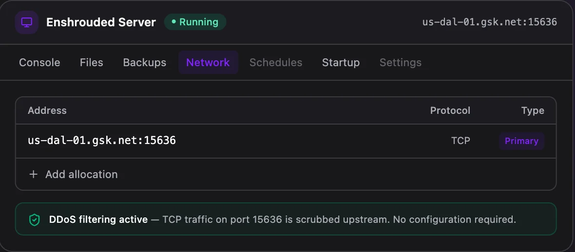Enshrouded game panel — network & allocations