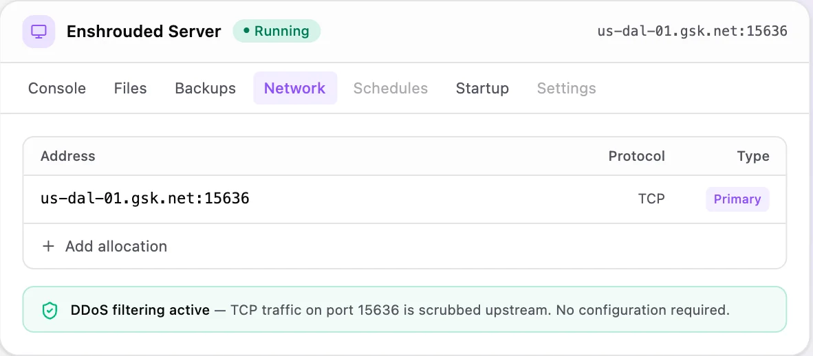 Enshrouded game panel — network & allocations