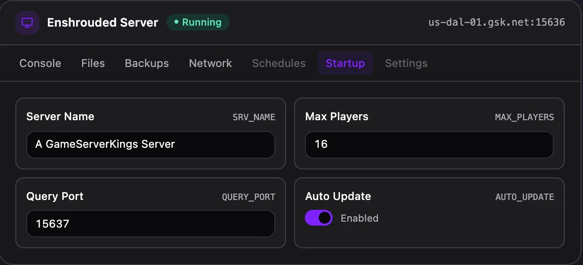 Enshrouded game panel — startup configuration
