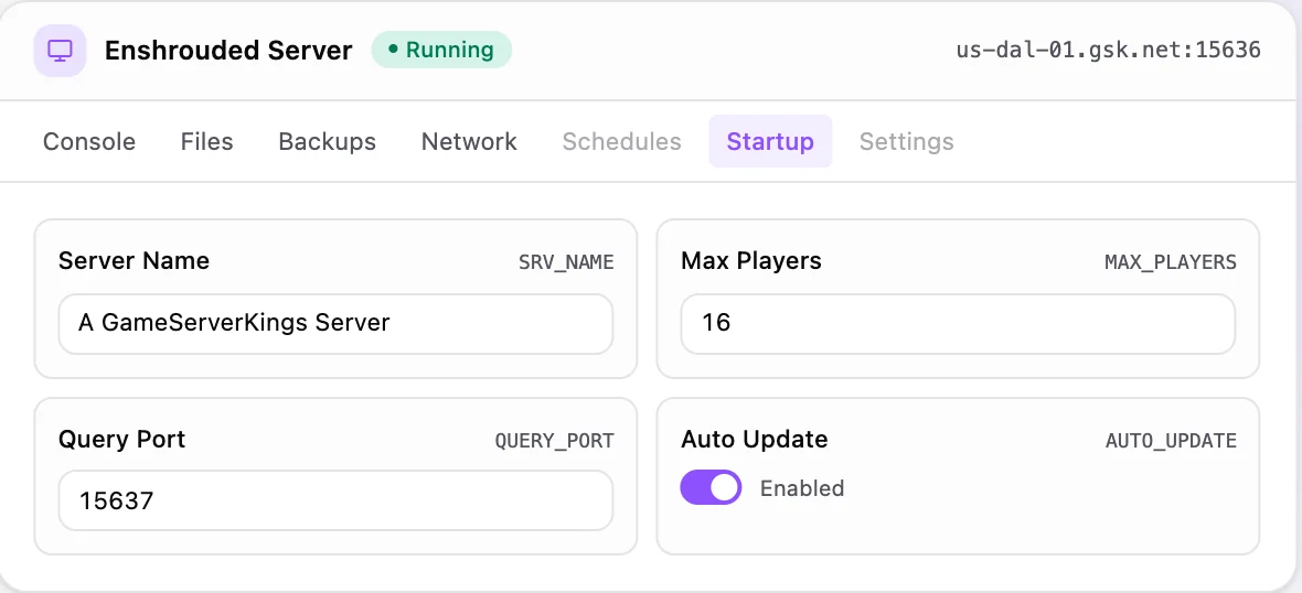Enshrouded game panel — startup configuration