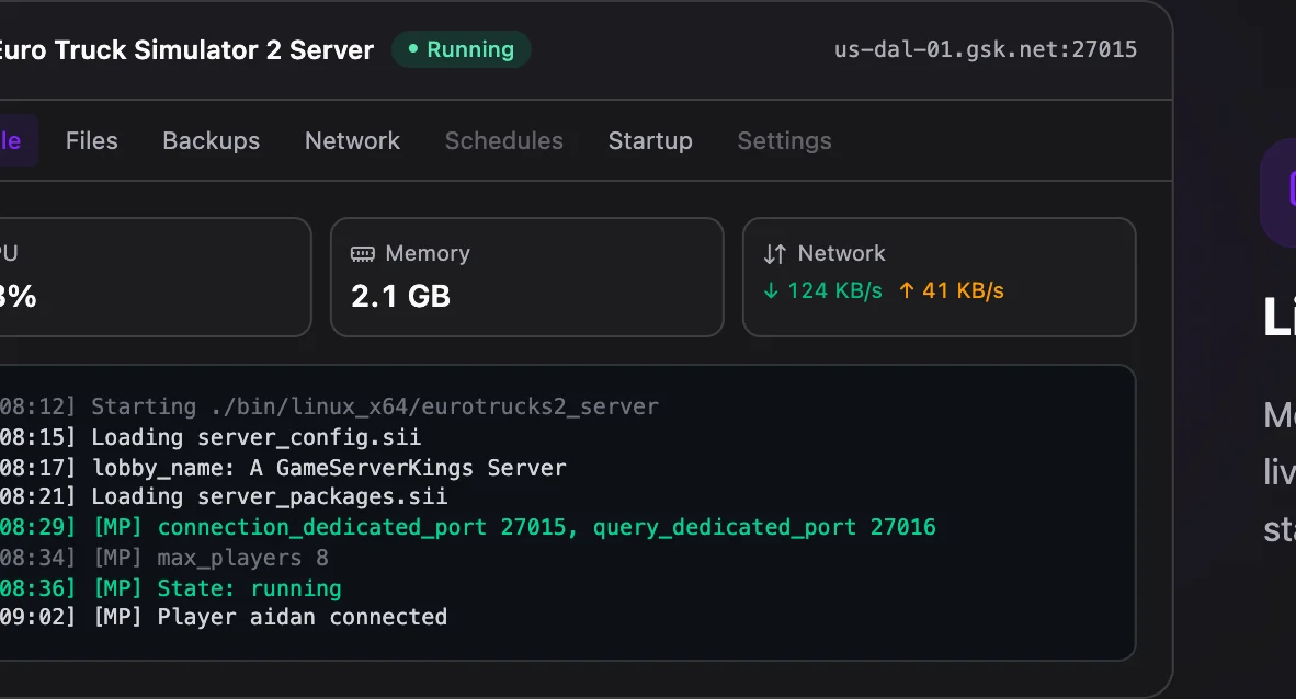 Euro Truck Simulator 2 game panel — live server console