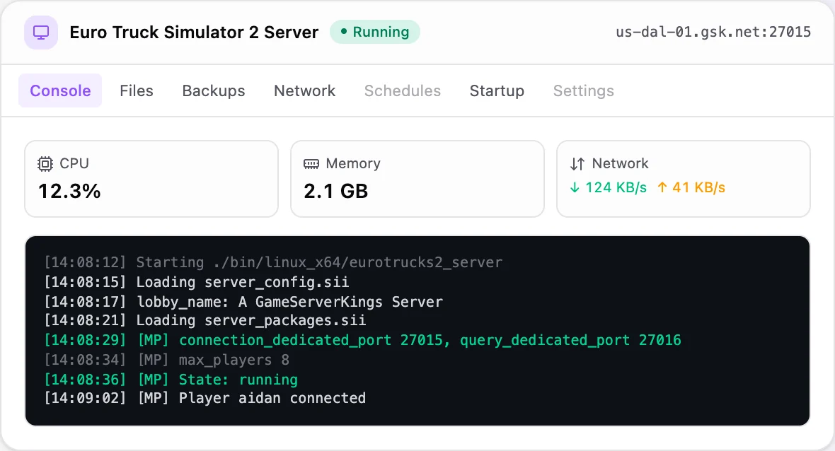 Euro Truck Simulator 2 game panel — live server console