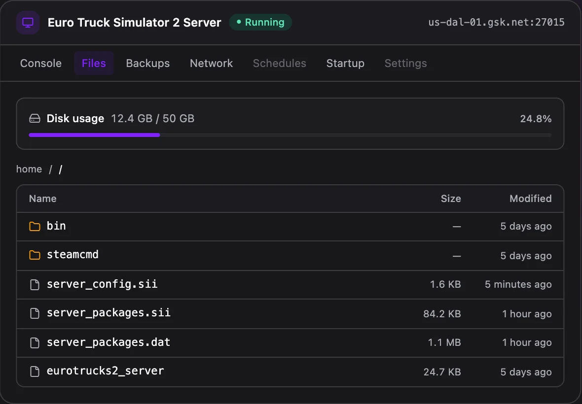 Euro Truck Simulator 2 game panel — full file manager