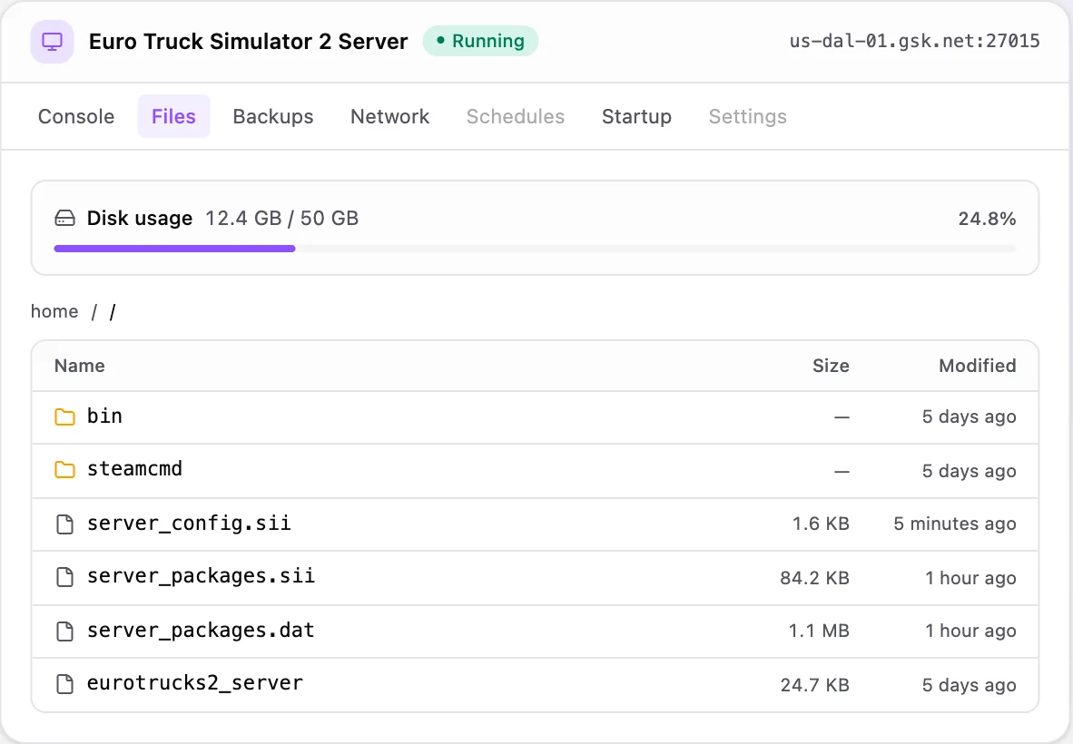 Euro Truck Simulator 2 game panel — full file manager