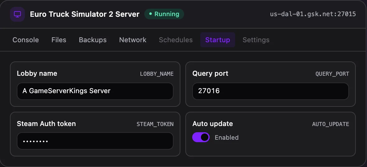 Euro Truck Simulator 2 game panel — startup configuration