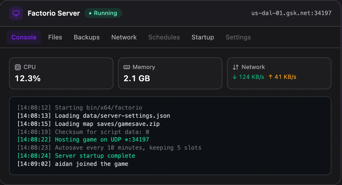 Factorio game panel — live server console