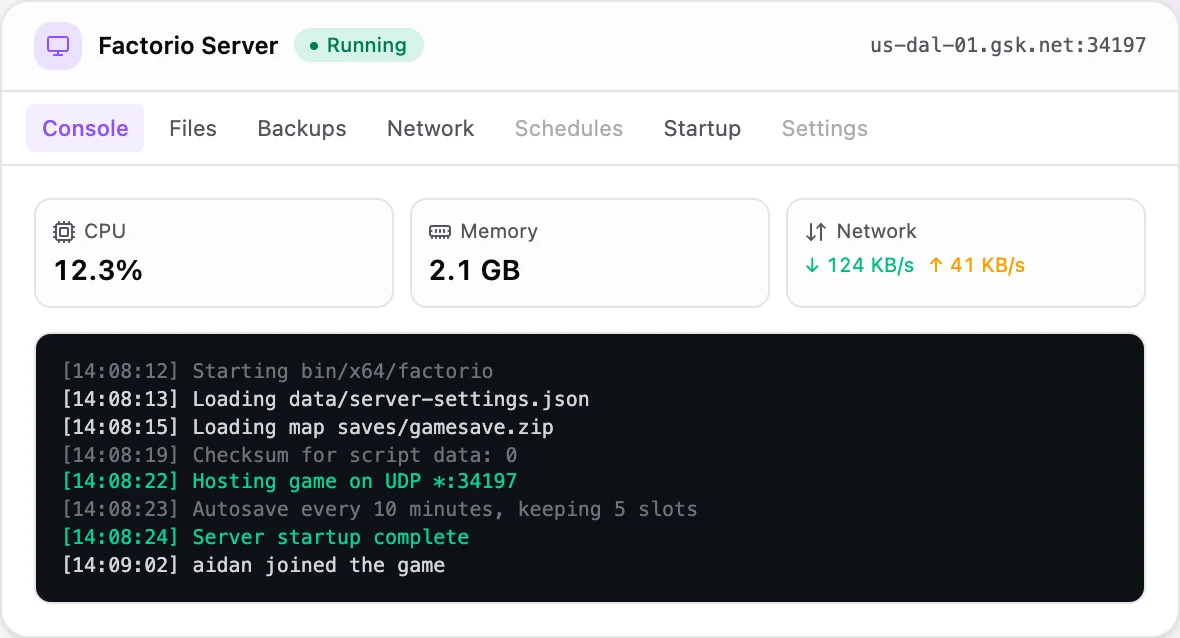 Factorio game panel — live server console