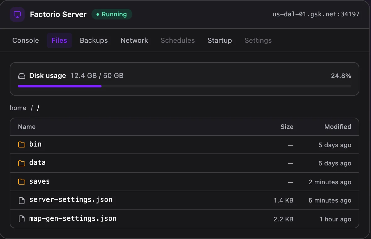 Factorio game panel — full file manager