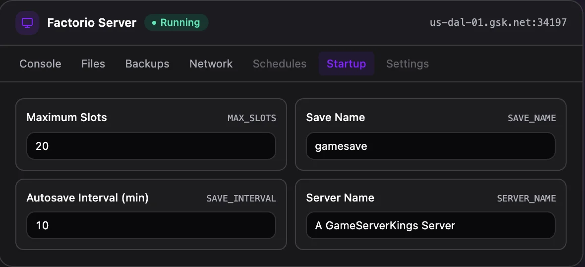Factorio game panel — startup configuration