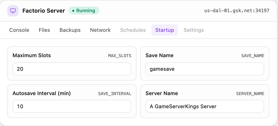 Factorio game panel — startup configuration