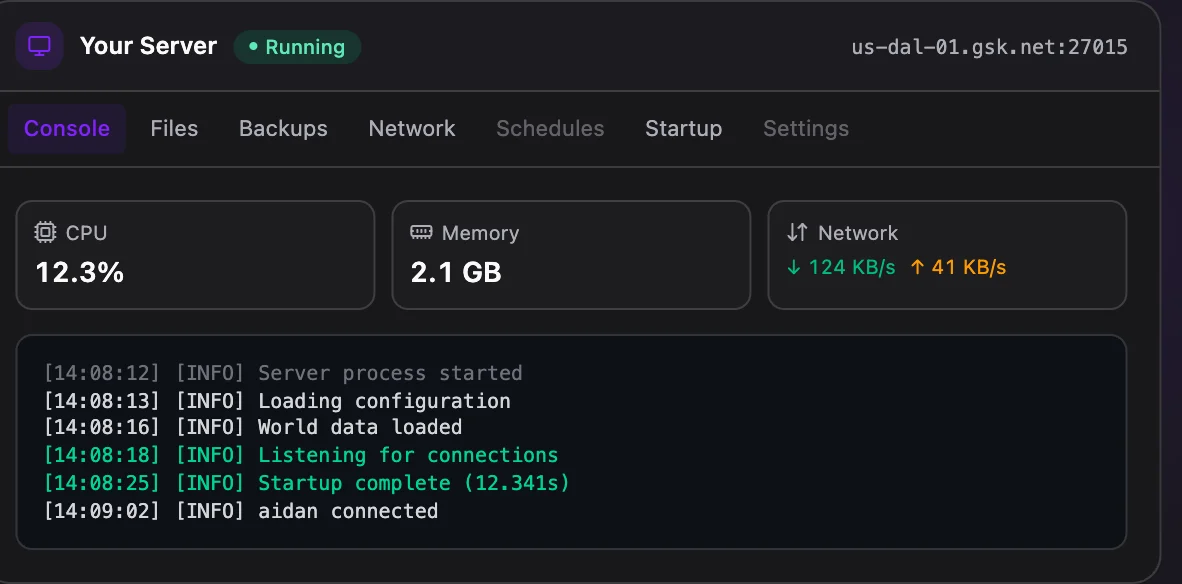 Kingmakers game panel — live server console