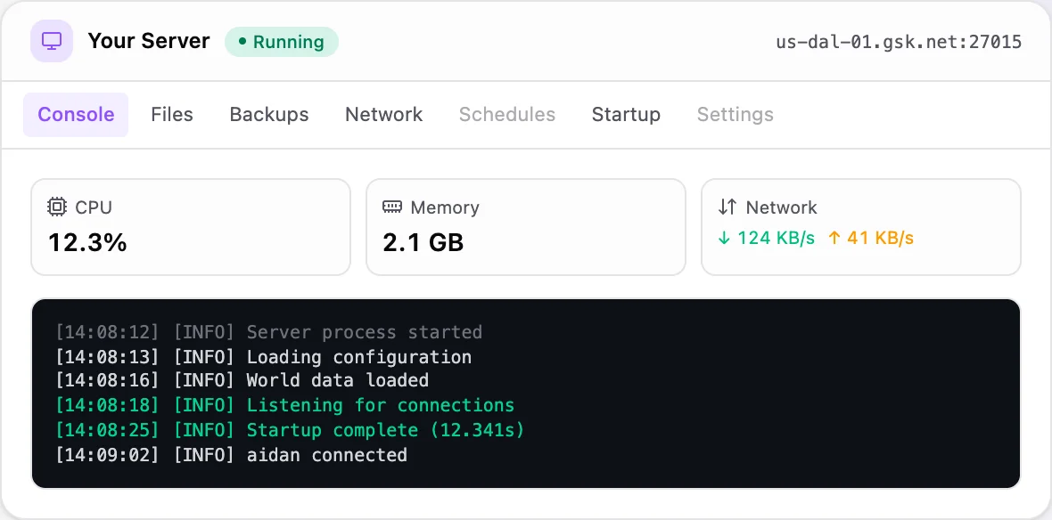 Kingmakers game panel — live server console