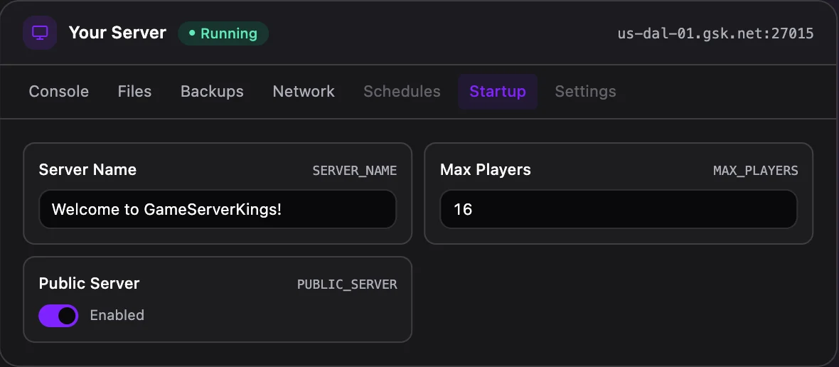 Kingmakers game panel — startup configuration
