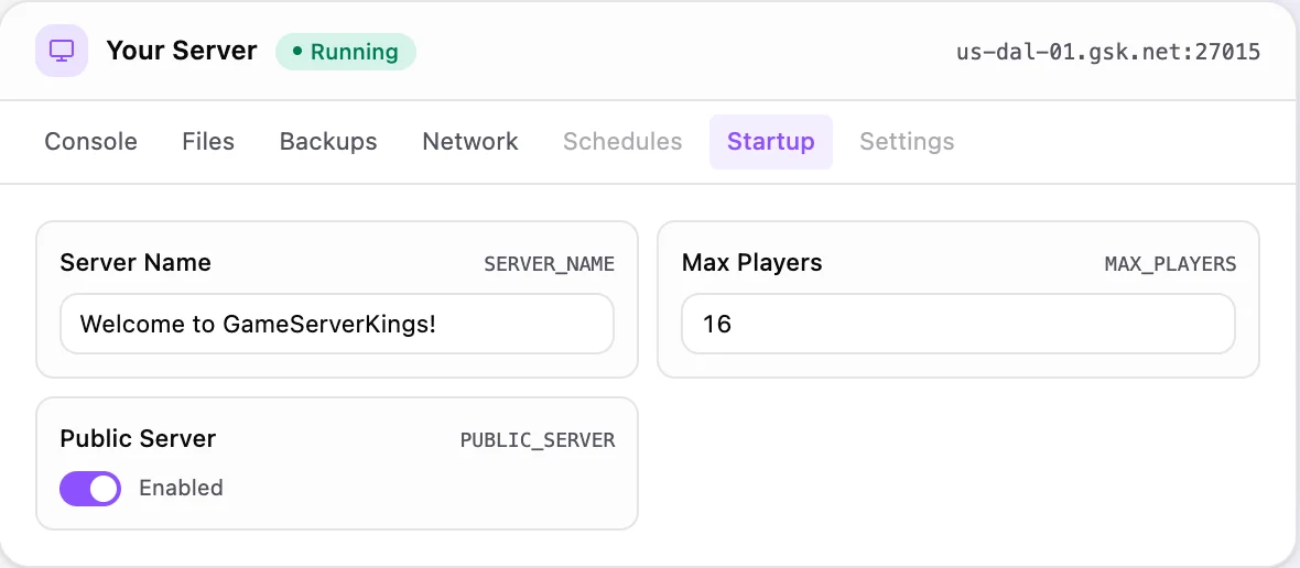 Kingmakers game panel — startup configuration